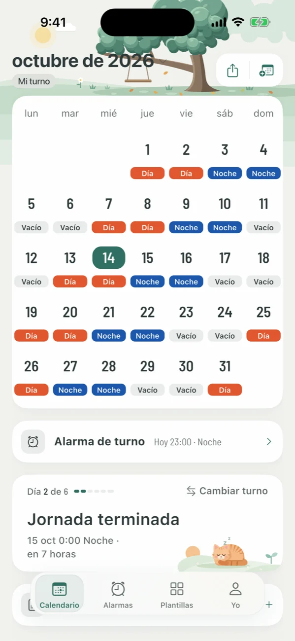 Pantalla de inicio de Shift con el tema Bosque: el mes de turnos y la próxima alarma de turno esta noche a las 23:00