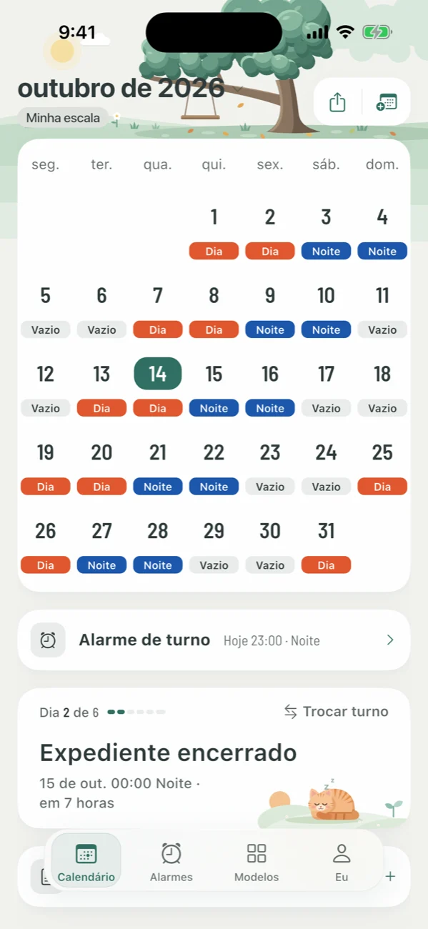 Tela inicial do Shift no tema Floresta: o mês de turnos e o próximo alarme de turno hoje à noite às 23:00
